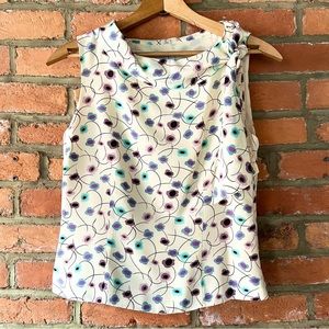 LOFT silk daisy print tie-neck sleeveless blouse, size 4 petite